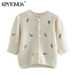 KPYTOMOA Women Fashion With Embroidery Cropped Knitted Cardigan Sweater Vintage Puff Sleeve Female Outerwear Chic Tops 211103