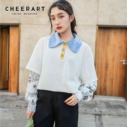 Color Block Collared Sweatshirt Women White Long Sleeve Top Loose Patchwork Hoodies Korean Streetwear Autumn Clothes 210427
