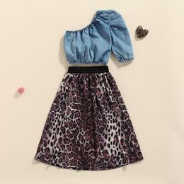 Clothing Sets 2-7T Baby Girl Spring Summer Single Off-Shoulder Top + Leopard Print Long Skirt Folds Decorated Elastic Waist