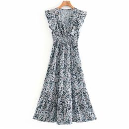 Summer Women Vintage V-Neck Dress Sleeveless Ruffles Floral Print Elastic waist es Female Elegant Street vestido 210513