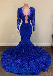 Plus Shiny Size Evening Dresses Sexy Mermaid Long Sleeve Sheer Neckline Royal Blue African Black Girls Prom Gala Party Gowns