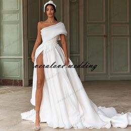 One Shoulder A Line Wedding Dress 2021 Side Split Vestido de Noiva Back Bow Sweep Train Bridal Gowns for Women