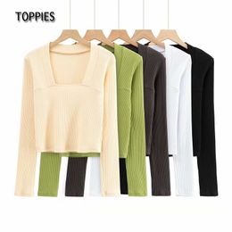 Toppies Spring Long Sleeve Knitted T-shirts Sexy Square Collar Cropped Tops Solid Color Slim T-shirts Harajuku 210412