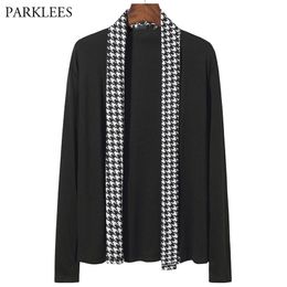 Mens Houndstooth Cardigan Sweater Colorblock Contrast Shawl Collar Knitted Sweaters Men Casual Slim Fit Cardigans 210524