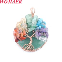 WOJIAER Natural Round Stone Pendants Necklace Aventurine Tree of Life Rose Gold Wire Wrap 7 Chakra Healing Chip Bead O9022