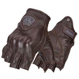 Brown Motorcycle Gloves Genuine Leather Retro Vintage Biker Moto Summer Motocross Motorbike Half Finger H1022