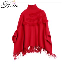 turtleneck ponchos UK - H.SA Women Winter Thick Batwing Pull Sweaters Turtleneck Ponchoes Real Rabbit Fur christmas sweater Tassel Poncho Knit Coat 210417