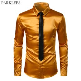 Men's Gold Silk Satin 2 Pcs Dress Shirts (Shirt+Tie) Brand Slim Fit Button Down Wedding Party Prom Shirt Male Chemise Homme 3XL 210522