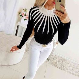 Autumn Tops Fashion Casual Black White Color Block Turtleneck Sweater Bodycon Long Sleeve Slim Knit Pollover Women 210517