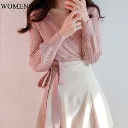 Womengaga Coreano Primavera Cross V-Neck Sweater rosa Lace Bow Bandage Slim Curto Bottomed Tops Mulher KXVB 210603