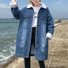 Women's Jackets Winter Womens Jean Coats Thicken Soft Fleece Long Denim Coat Punk Outwear Sleeve Button With Pockets Jacket