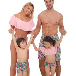 Flounce Plant Print Matching Swimsuits Swimwear Family Look Women Kid Boy Baby Girl Swimsuit Men Shorts Bathing Suit 210417