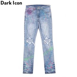 Colorful Foil Paint Splatter Jeans Men Ripped Pencil Jeans High Street Fashion Denim Men's Pants 210603