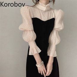 Korobov Korean Sweet Dresses Gauze Polka Dot Patchwork New Chic Dress Women Fake Two Piece Stand Collar Long Sleeve Vestido 210430