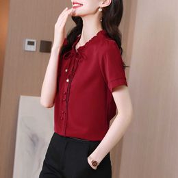 Korean Women's Shirt Chiffon Blouses for Women Short Sleeve Lace Red O-neck Bow Blouse Tops Female Woman Basic s 210604
