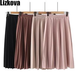 Lizkova Pink Pleated Skirt Women Plus Size Midi Jupes Spring Mujer Elastic Waist Casual Fladas PYQ011 210619