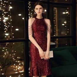 Sequin temperament celebrity fishtail dress Office Lady Polyester Sleeveless Knee-Length 210416