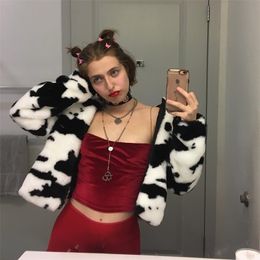 Fur Coats For Women Cow Print Teddy Jacket Zipper Casual Warm Autumn Winter Harajuku Coat Female 210518