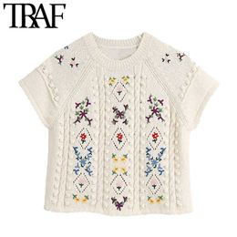 TRAF Women Fashion Floral Embroidery Cropped Knitted Sweater Vintage O Neck Short Sleeve Female Pullovers Chic Tops 210415