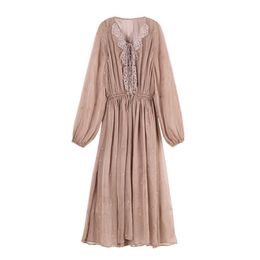 PERHAPS U Brown Lace Embroidery Star V Neck Lantern Sleeve Long Sleeve Midi Dress Loose Autumn D0616 210529