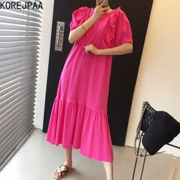 Korejpaa Women Dress Summer Korean Fashion Chic Casual Solid Color Loose O Neck Stitching with Ruffles Long Vestido Female 210526