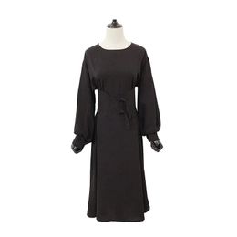 Black Beige Solid O Neck Long Sleeve Puff A Line Sash Midi Dress Chiffon Autumn D0715 210514