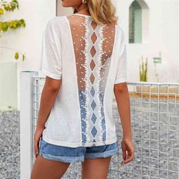 Fashion Casual T-shirt for women tops Summer simple sexy hollow lace stitching O neck short-sleeved Tops tee 210508