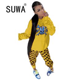 Women Skeleton Printed Oversize Hoodies Sweatshirt Plaid Baggy Pants Cool Girl Bf Style Tracksuit Woman 2 Pieces Casual Outfits 210525