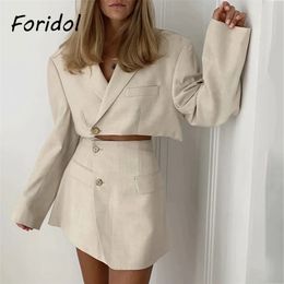 High Fashion Blazer Dress Sets Women Two Pieces Top Skirt Suits Ladies Chic A-line White Spring Autumn 210427
