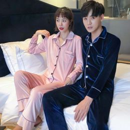 Velvet Couple Pyjama Sets Warm Thick Long Sleeve Pyjamas Men Oversize Casual Mens Sleepwear Solid Women Nightgown Home Clothes 210524