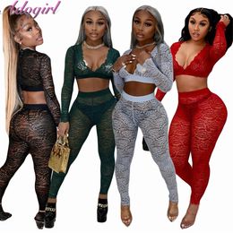 Sexy Lace Two Piece Set Women Casual See Through V Neck Long Sleeve Crop Top Pants Suit Party Club Matching Set Outfit Tracksuit