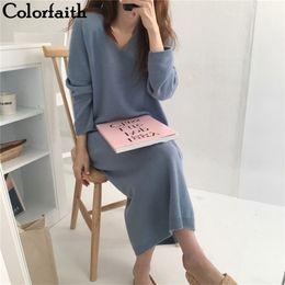 Colorfaith New Winter Spring Women Dresses Knitted Straight Fashion Prairie Chic Elegant Casual Solid Midi Female DR1123 210409