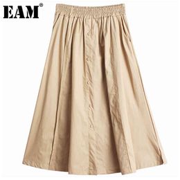 [EAM] High Elastic Waist Khaki Button Spliced Long Temperament Half-body Skirt Women Fashion Spring Autumn 1DD7780 21512