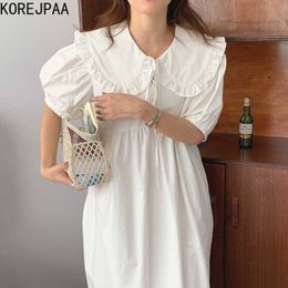 Korejpaa Women Dress Summer French Sweet Gentle Doll Collar High Waist Loose Puff Sleeve Wooden Ears Stitching Vestidos 210526