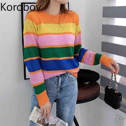 Korobov New Chic Harajuku Women Pullovers Vintage Striped Hit Colour Long Sleeve Sueter Mujer Korean Streetwear Jumper Femme 210430