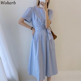 Short Sleeve Dress Women Korean Chic Causal Solid Maxi Shirt Dresses Bandage Waist Office Lady Elegant Vestidos De Mujer 210519