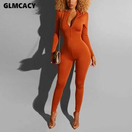 Women Long Sleeve Plunge V-neck Bodycon Jumpsuit Skinny Slim Fit Stretch Spring Fall Night Out Club Party Overall 210702