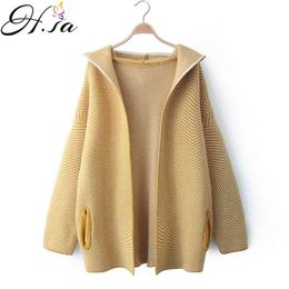 H.SA Hooded Sweater and Cardigans Sleeve Oversized Cardigan Sweaters Women Open Stitch Long Knit Jacket Stripe Coat 210417