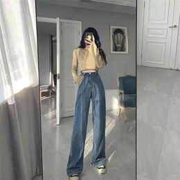 Light Blue Jeans For Women Washed Retro High Waist Straight Long Loose Wide Leg trousers streetwear pants 210809