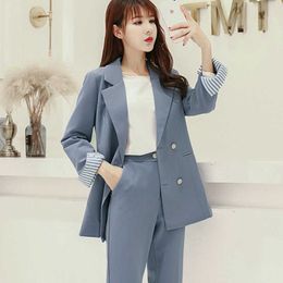ladies business office suit work High quality elegant double row blazer Slim fit women pant Jacket set 210527