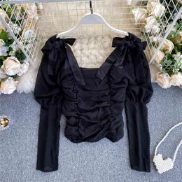 Women's Blouse Black Ruched Mesh Top Fashion Bowtie Shoulder Long Puff Sleeve Back Zipper Female Shirt Spring 210603