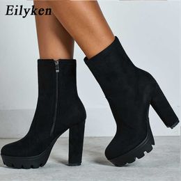Eilyken 2021 New Fashion Autumn Winter High heels Ankle Boots Women Thick Heel Platform Boots Ladies Worker Boots size 41 42 Y0914