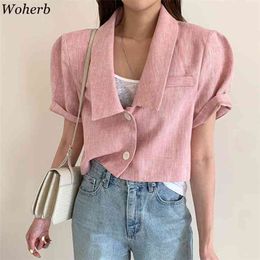 Women Summer Vintage All-match Outwear Korean Fashion Casual Short Sleeve Single Breasted Jacket Chic Coat 210519