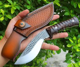 Top Quality Fixed Blade Knife 9Cr18Mov Satin Blades Full Tang Red sandalwood Handle Survival Tactical Knives With Leather Sheath