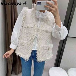 Woman Waistcoat Jacket Veste Sans Manche Fringe Stitching Fake Pocket Kurtka Damska Wiosenna Tweed All-Match Loose Sleeveless 210909