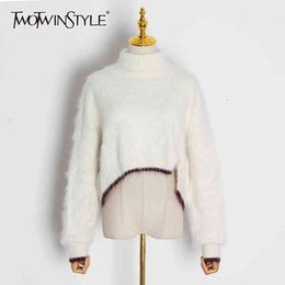 White Patchwork Sweaters For Female Turtleneck Lantern Long Sleeve Hit Colour Hem Knitting Sweater Women Fall 210524