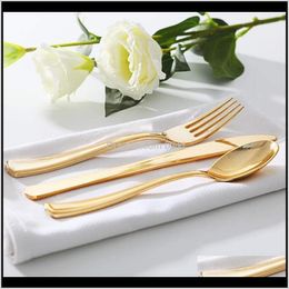 Sets Kitchen Dining Bar Home & Garden Drop Delivery 2021 75Pcs Disposable Gold Cutlery Plastic Wedding Party Tableware Bronze Gold2337