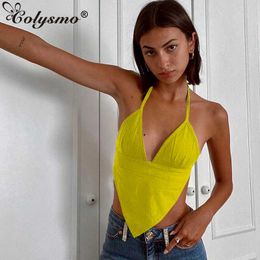 Colysmo Green Crop Top Summer Deep V-Neck Halter Y2k Tops Backless Lace Up Triangle Bellyband Corsets Club Holiday 210527
