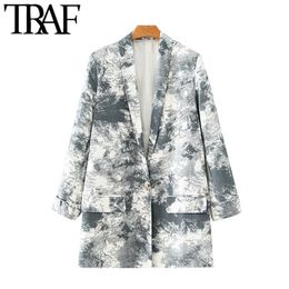 TRAF Women Fashion Single Button Tie-dye Print Blazer Coat Vintage Long Sleeve Pockets Female Outerwear Chic Tops 210415