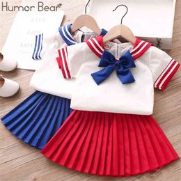 Summer Girl Clothes Sets 2Pcs Fashion Navy Short Sleeve +Pleated Skirt Kids Suit Cute Toddler 210611